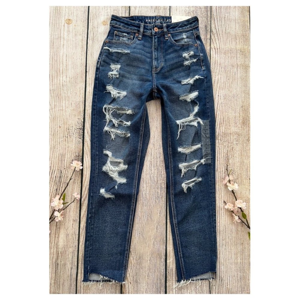 D1-- NWT blue AMERICAN EAGLE OUTFITTERS stretch high rise mom jeans 2R